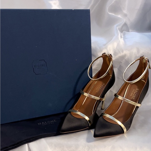 Malone Souliers Robyn 100 Black Satin Ankle Strap Pumps - Picture 12 of 15